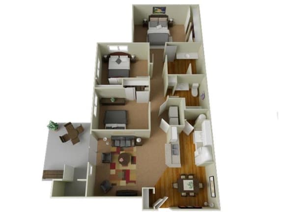 River House Apartments Spokane Valley, Washington Three Bedroom Two Bath 3D Floor Plans