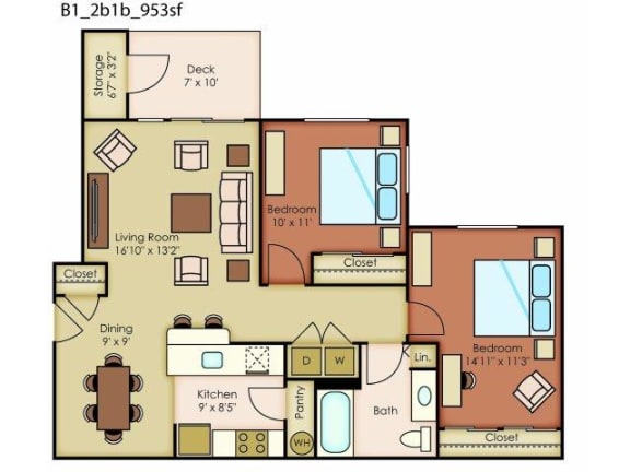 River House Apartments Spokane Valley, Washington Two Bedroom One Bath 2D Floor Plans