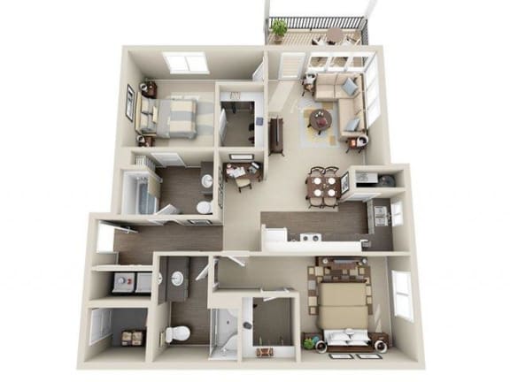 River House Apartments Spokane Valley, Washington Two Bedroom Two Bath 3D Floor Plans