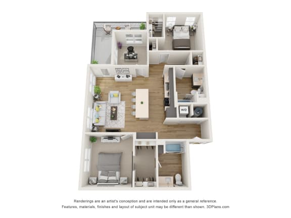 Floor Plan  a stylized view of a 3 bedroom floor plan of a 2100 sq ft apartment