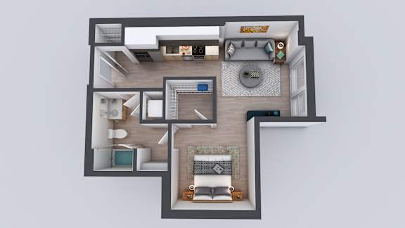 A 3D rendered image of a house layout.