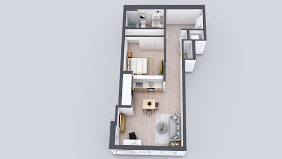 A top-down view of a modern apartment layout.