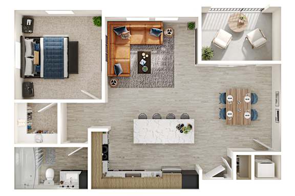 A top-down view of a modern apartment layout with a kitchen, living room, and dining area.