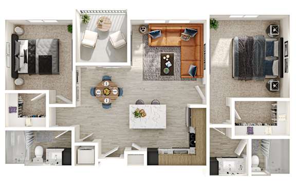 A collage of different room layouts with furniture.