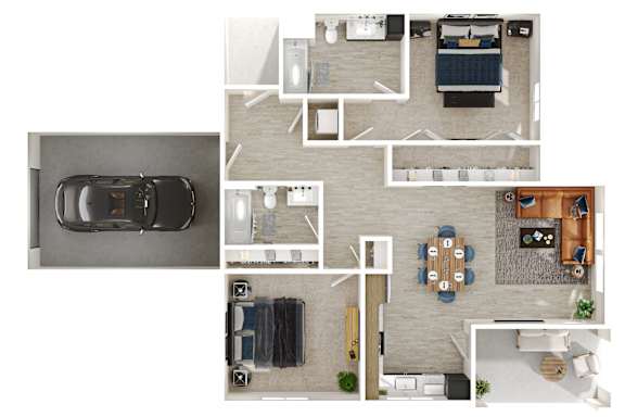 A floor plan of a house with a garage, living room, dining room, kitchen, and two bedrooms.