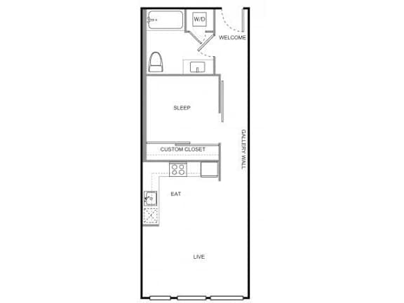 Floor Plan  A floor plan of a room with a WELCOME sign and a CUSTOM CLOSET.