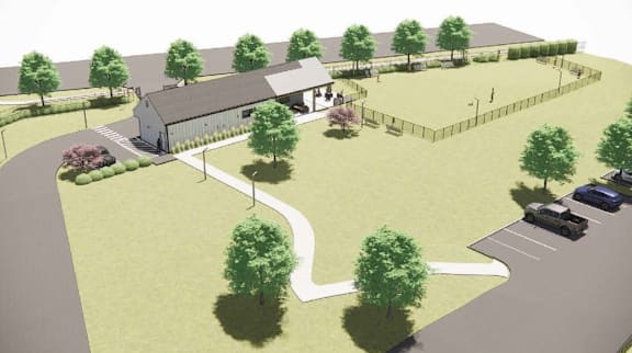 A rendering of a building with a parking lot in front.