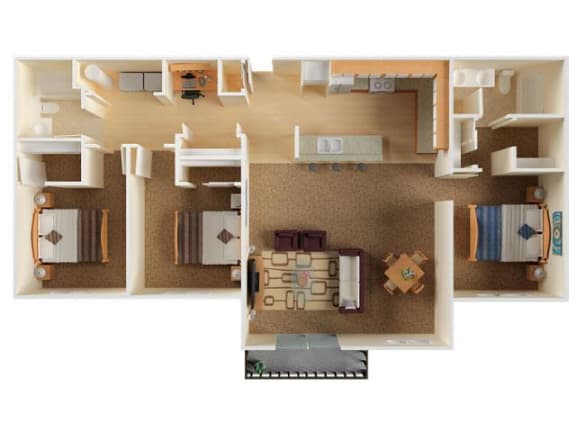 Whimsical Pig Apartments Spokane Valley, Washington 3 Bedroom 2 Bath 3D Floor Plan