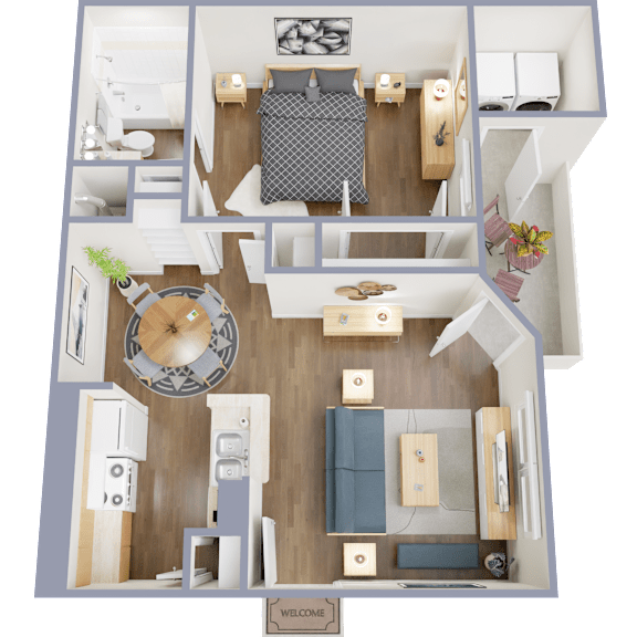 A top-down view of a small apartment with a bedroom, living room, and kitchen.
