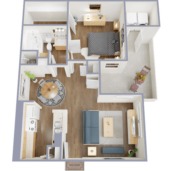 A top-down view of a small apartment with a living room, kitchen, and bedroom.