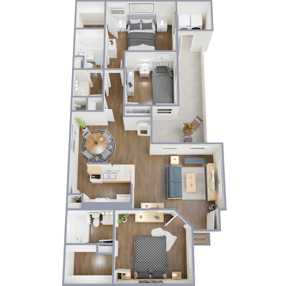 A detailed 3D floor plan of a modern apartment.