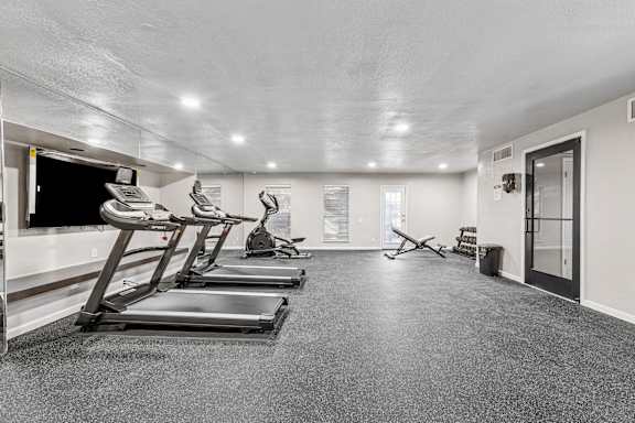 A spacious gym with treadmills and exercise equipment.