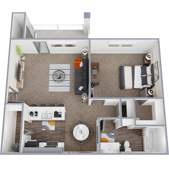 A 3D floor plan of a small apartment with a kitchen, living room, and bedroom.