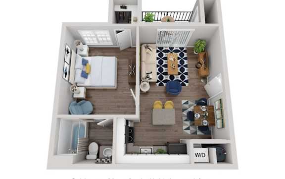 A top down view of a small apartment with a kitchen, living room, and bathroom.