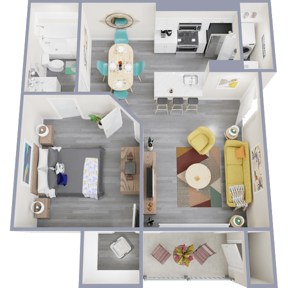 A top-down view of a small apartment with a kitchen, living room, and bedroom.