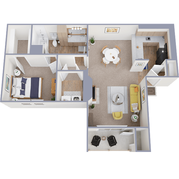 A 3D floor plan of a small apartment with a kitchen, living room, and two bedrooms.