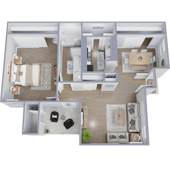 A detailed 3D floor plan of a modern apartment layout.