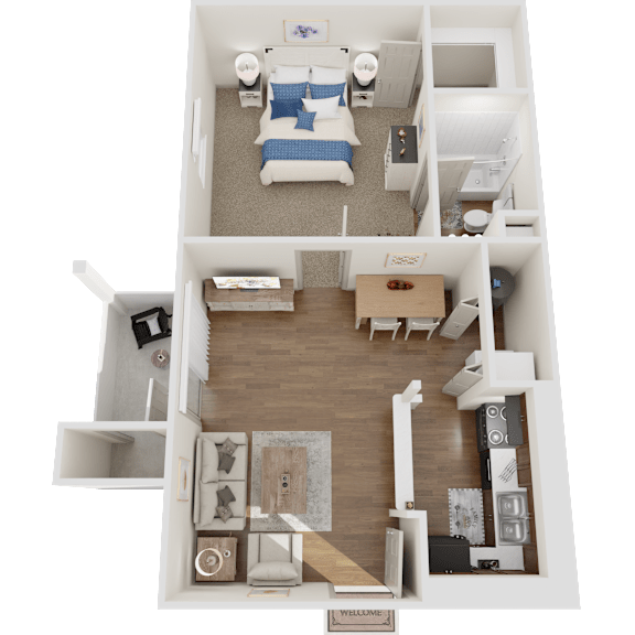 A 3D floor plan of a small apartment with a bedroom, living room, and kitchen.