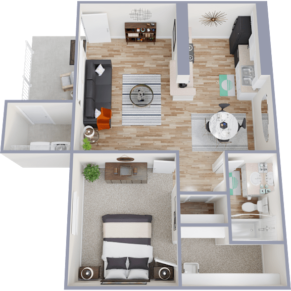 3D floor plan with bedroom and bathroom layout at Cottages at Bedford Apartments, Bedford, TX