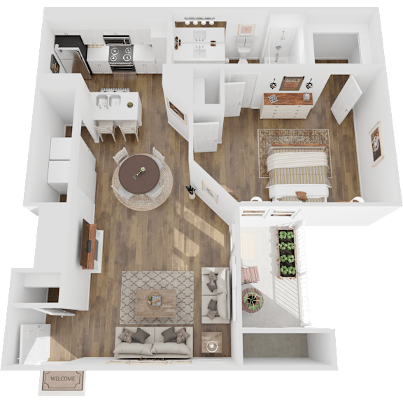 A top-down view of a house interior with a living room, kitchen, and dining area.