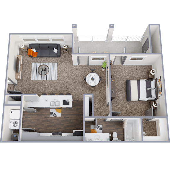 A 3D floor plan of a small apartment with a living room, kitchen, and bedroom.