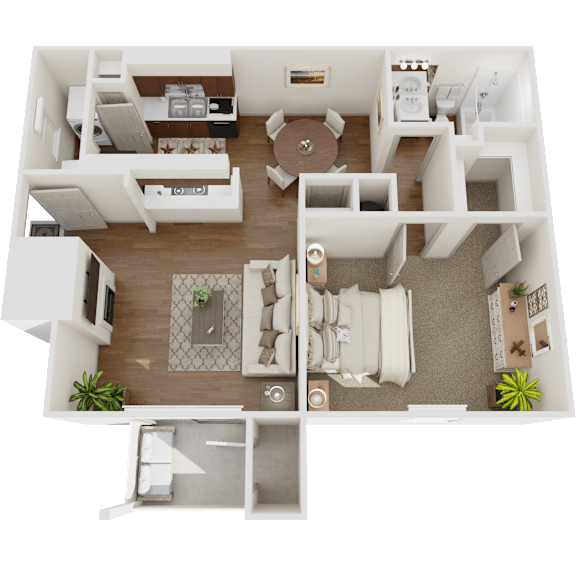 A 3D floor plan of a house with a kitchen, living room, and bathroom.
