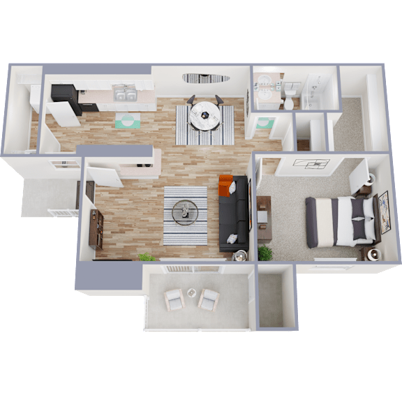 One bedroom 3D floor plan layout at Cottages at Bedford Apartments, Bedford, 76021