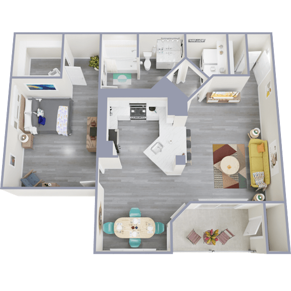 A top-down view of a small apartment with a kitchen, living room, and bedroom.