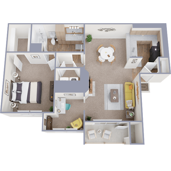 A 3D floor plan of a house with a living room, kitchen, dining room, and bedrooms.
