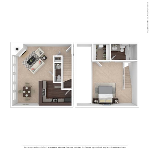 A floor plan of a small apartment with a living room and a bedroom.