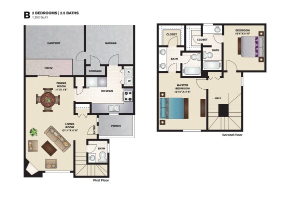 Floor Plan  2 bed 2.5 bath floor plan at Amberly Village Townhomes, Garland, TX