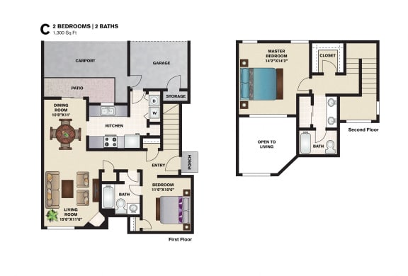 Floor Plan  2 bed 2 bath floor plan at Amberly Village Townhomes, Garland, 75040