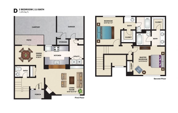 2 bed 2.5 bath floor plan B at Amberly Village Townhomes, Garland