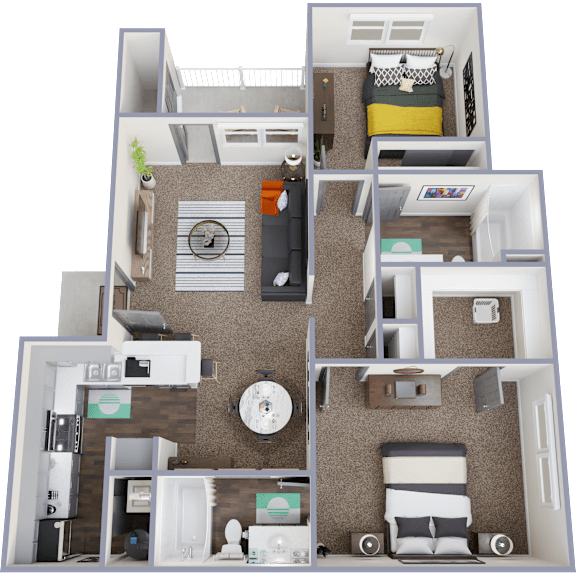 A 3D rendered image of a compact apartment layout.