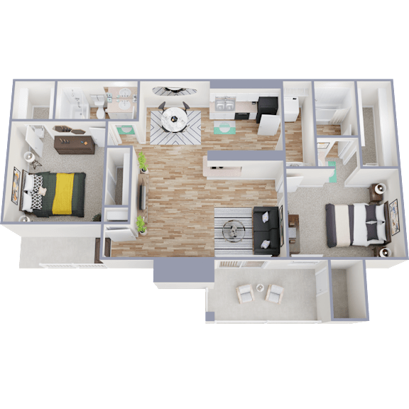 3D floor plan with two bedrooms and balcony at Cottages at Bedford Apartments, Bedford, Texas