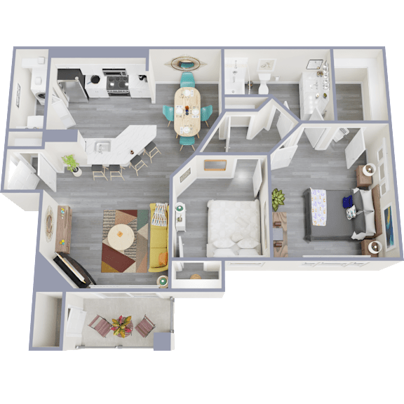 A 3D floor plan of a house with a kitchen, living room, dining room, and bedrooms.