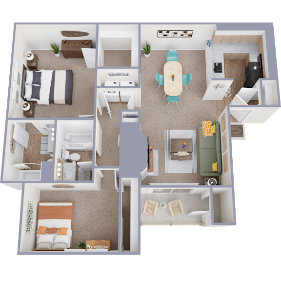 A 3D floor plan of a house with multiple rooms and furniture.