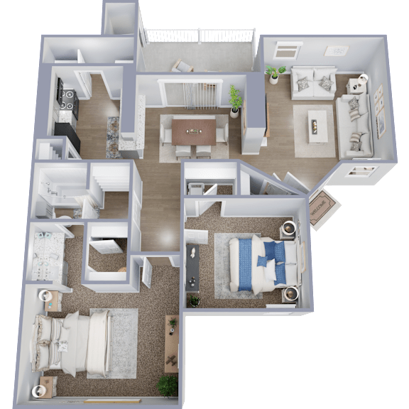 A 3D floor plan of a house with multiple rooms and furniture.