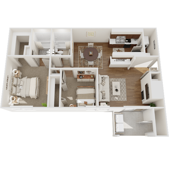 A detailed 3D floor plan of a modern apartment layout.
