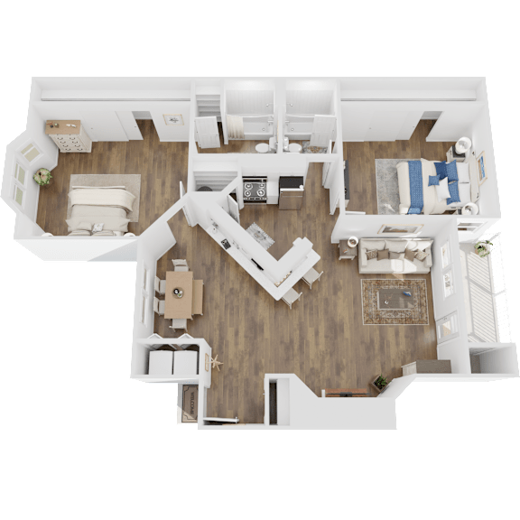 A top-down view of a house layout with a living room, kitchen, and two bedrooms.