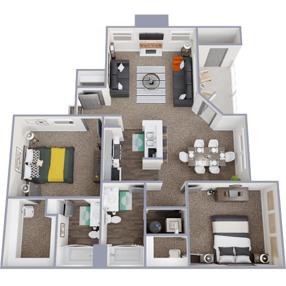 A 3D rendered image of a house layout with multiple rooms.