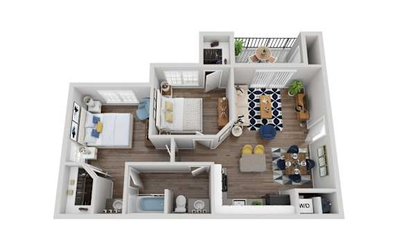 A top-down view of a house interior with a kitchen, living room, and dining area.
