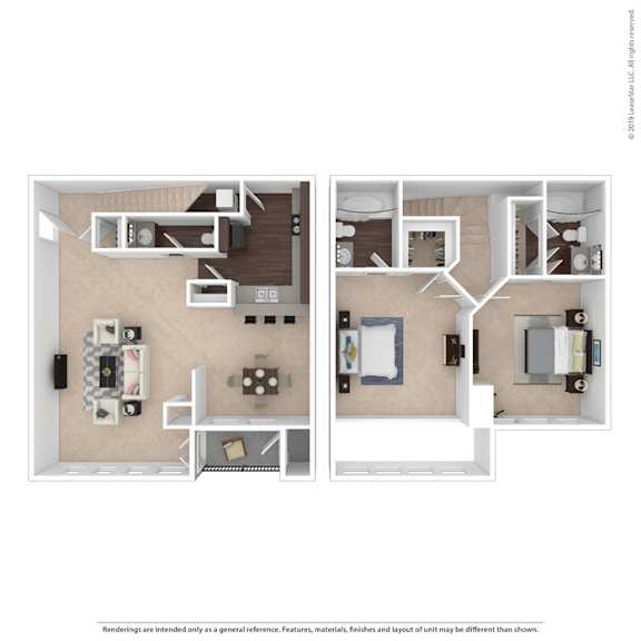 A floor plan of a two-bedroom apartment with a kitchen and living room.