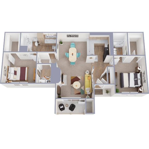 A 3D floor plan of a house with a kitchen, living room, and two bedrooms.