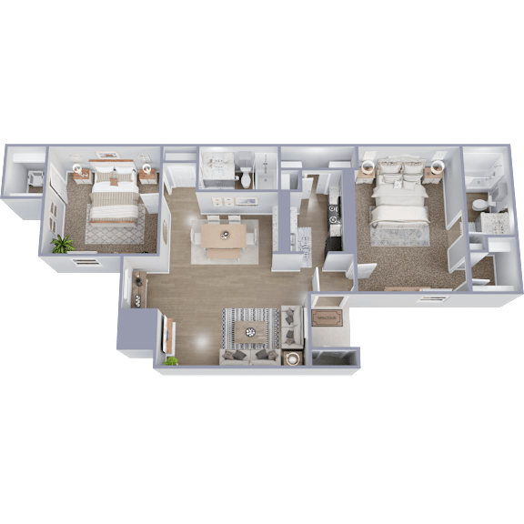 A 3D floor plan of a house with two bedrooms, a living room, a kitchen, and a bathroom.