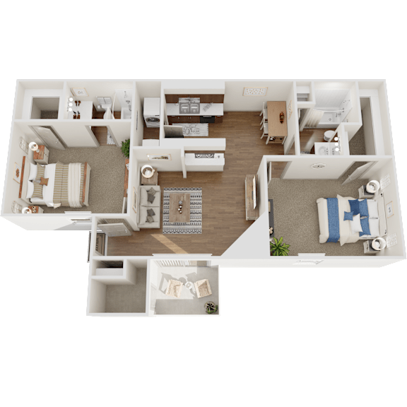 A 3D floor plan of a house with multiple rooms and furniture.