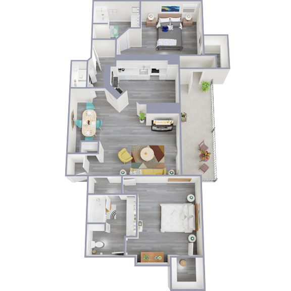 A 3D floor plan of a house showing a living room, kitchen, dining area, and bedrooms.