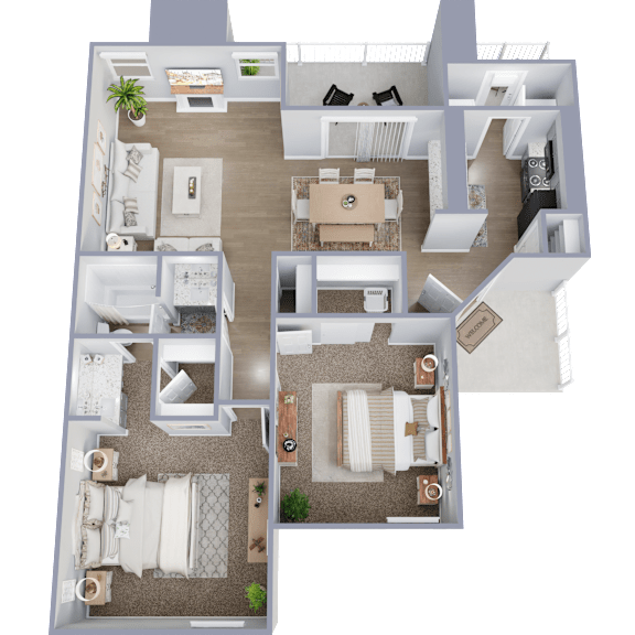 A top-down view of a house floor plan with multiple rooms and furniture.