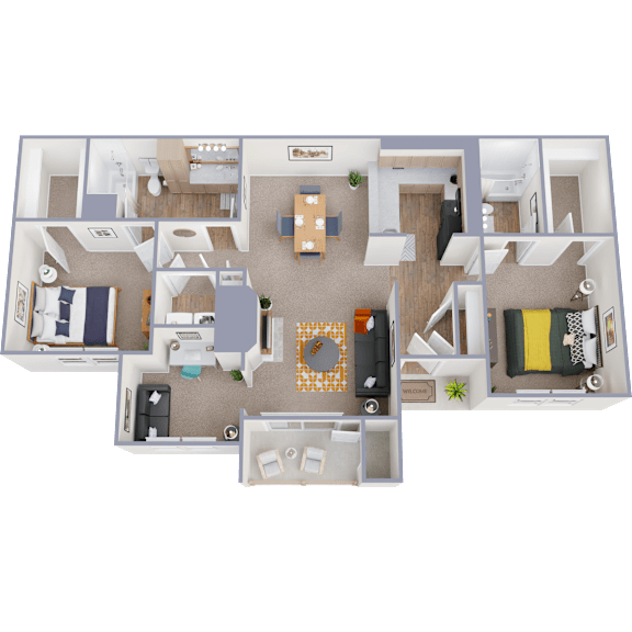 A 3D floor plan of a house with a kitchen, living room, dining room, and bedrooms.