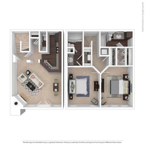 A floor plan of a two-bedroom apartment with a kitchen and living room.